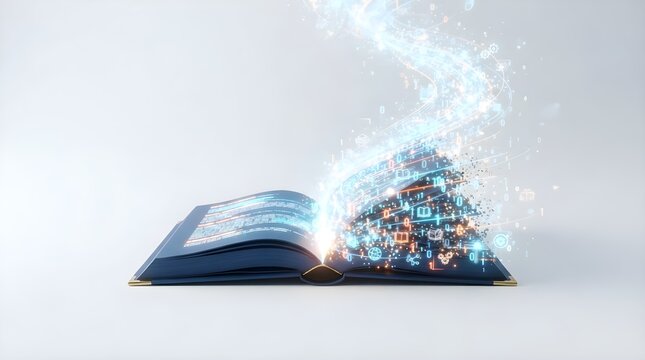 Open book releasing glowing blue particles, symbolizing imagination, knowledge, technology, education, creativity, innovation, and the link between reading and digital worlds.
