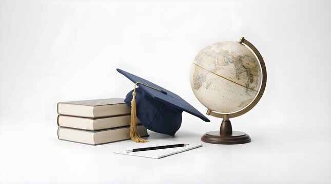 Graduation cap resting on stack of books next to globe, education and academic achievement concept, learning and global knowledge symbol, university or college graduation theme.