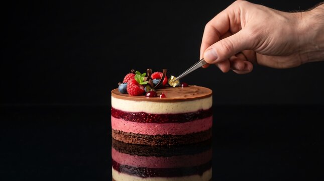 Hand placing a gold star decoration on a layered berry mousse cake against a black background