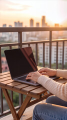 Obraz premium Laptop user working on balcony during sunset with city skyline background. Remote work and digital nomad lifestyle concept.