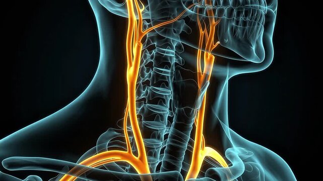 3D medical animation of the human neck anatomy showing the cervical spine and highlighted carotid arteries on a dark background