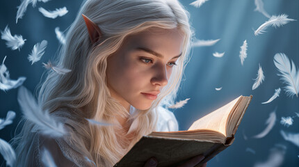 Fototapeta premium Fair-haired elf reading glowing book surrounded by floating white feathers. Mythical character studying ancient magic in ethereal atmosphere.