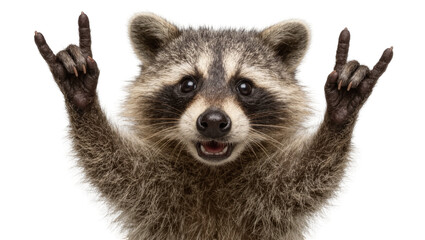 Funny raccoon making rock and roll hand gesture, isolated on transparent background © Giulia