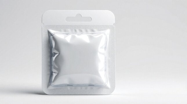 Blank white sachet in blister pack with euro hook for retail display mockup. Clean product packaging ready for branding. Isolated on white background.