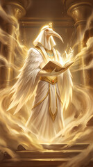 Obraz premium Ibis headed deity Thoth holding glowing book in ancient temple. Egyptian mythology concept with anthropomorphic god in white robes and wings.