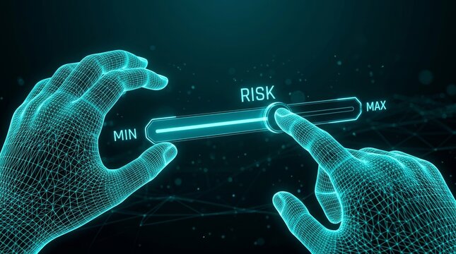 Digital wireframe hands adjusting a risk slider for technology assessment and management.