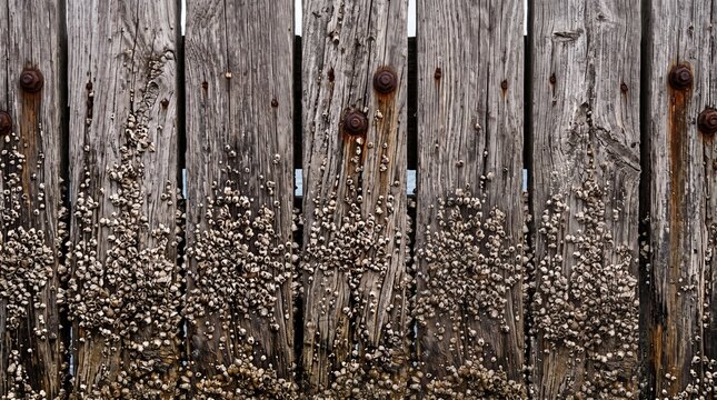 Weathered Wooden Pier Planks Covered with Barnacles