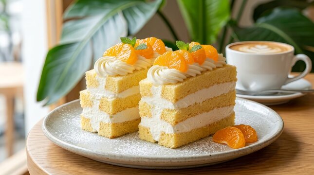 Delicious dessert sando with citrus mandarin, whipped cream, and sponge cake with green garnishes.