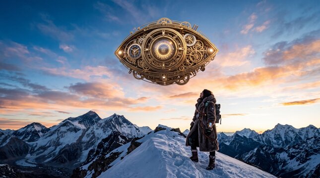 Steampunk Mechanical Eye Floating Above Mountain Climber at Sunset