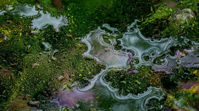 Wet Green Moss with Water Surface Reflection