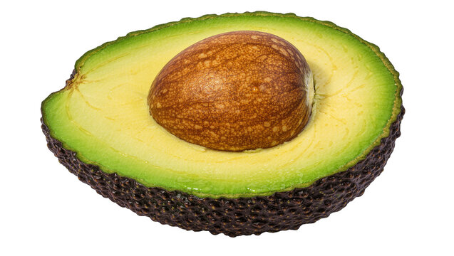 Half avocado with large brown seed and vibrant green flesh, isolated on transparent background