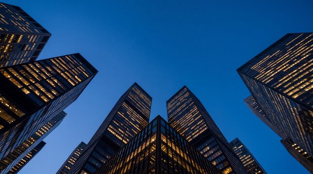Low Angle View of Illuminated Modern Skyscrapers at Dusk