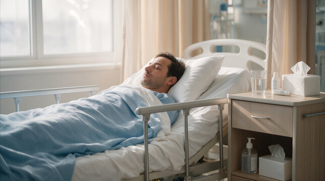 Bedridden male patient resting in hospital ward. Healthcare and medical recovery concept.