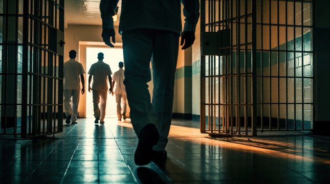 Prisoners walk down jail corridor past cells towards bright exit light. Inmates wear uniforms leaving confinement behind. Security bars surround walkway.