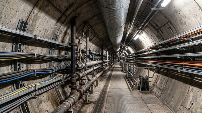 Underground utility tunnel with complex industrial electrical cable infrastructure.