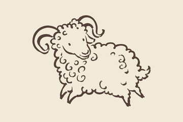 Obraz premium Ram with Curled Horns Hand Drawn Sketch Illustration
