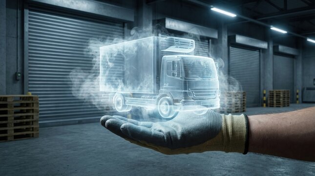 Cold chain logistics concept with hologram of refrigerated transport truck in warehouse storage