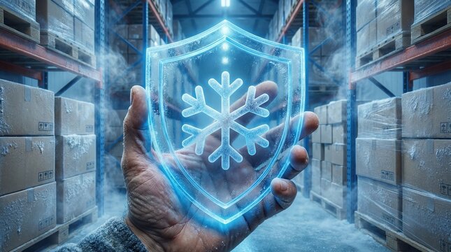 Cold chain storage logistics warehouse with refrigerated transport concept showing frozen protection in hand
