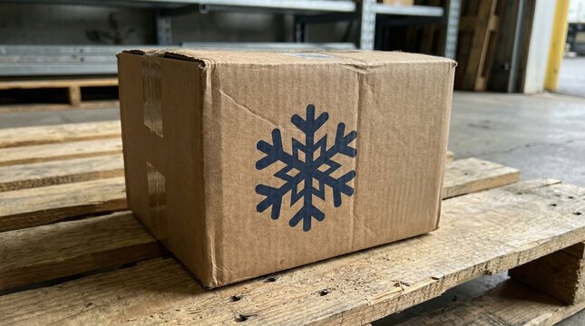 Cold chain storage logistics warehouse refrigerated transport concept with cardboard box on wooden pallet in industrial facility
