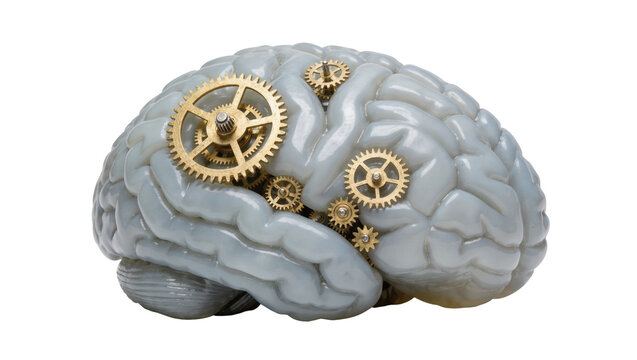 Gray brain model with golden gears integrated into its surface, isolated on transparent background