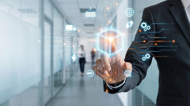Cold chain logistics storage and refrigerated transport technology concept with warehouse and digital interface in business office
