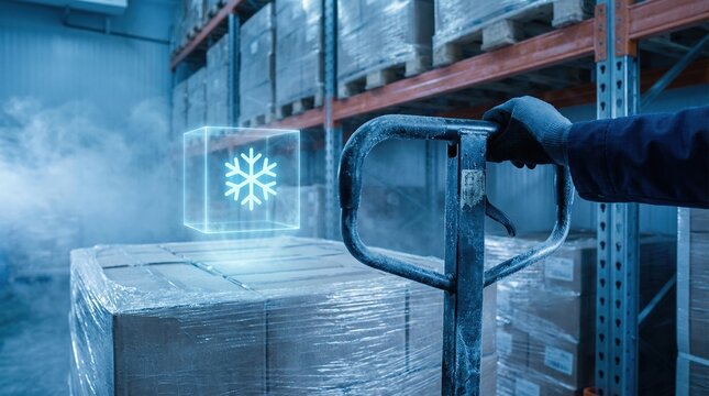 Cold chain storage logistics warehouse with refrigerated transport handling frozen goods in chilly for safe delivery and preservation