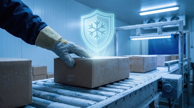 Cold chain storage logistics warehouse with refrigerated transport handling frozen packages in cold room protection