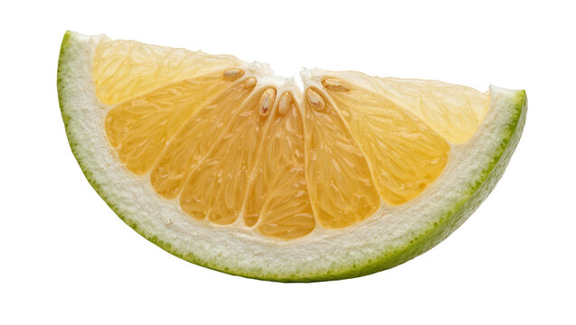 Fresh pomelo slice with juicy yellow pulp and green rind, isolated on transparent background