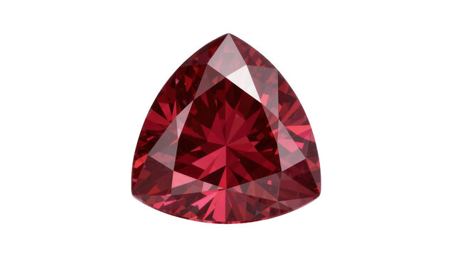 Deep red trillion cut gemstone faceted and sparkling, isolated on transparent background