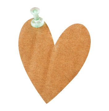 heart shaped cardboard paper with pushpin isolated on white background