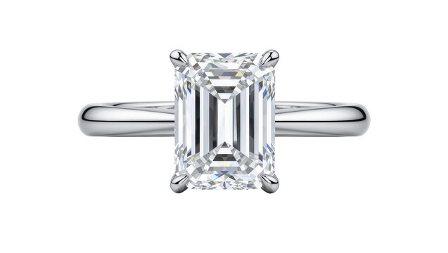 Emerald cut diamond engagement ring with platinum band, isolated on transparent background