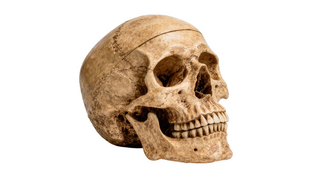 Weathered human skull with visible sutures, isolated on transparent background