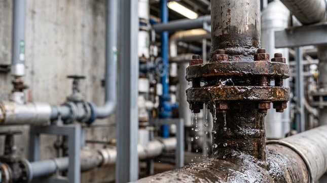 Leaking industrial pipe flange dripping water in factory setting.