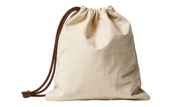 Natural beige canvas drawstring bag with brown rope handles, isolated on transparent background