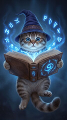 Fototapeta premium Kitten dressed as sorcerer holding glowing spellbook with magical runes. Fantasy digital art of cute animal character in mystical setting for children's storytelling.