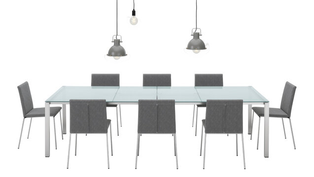 Modern glass dining table with grey upholstered chairs and industrial pendant lights, isolated on transparent background