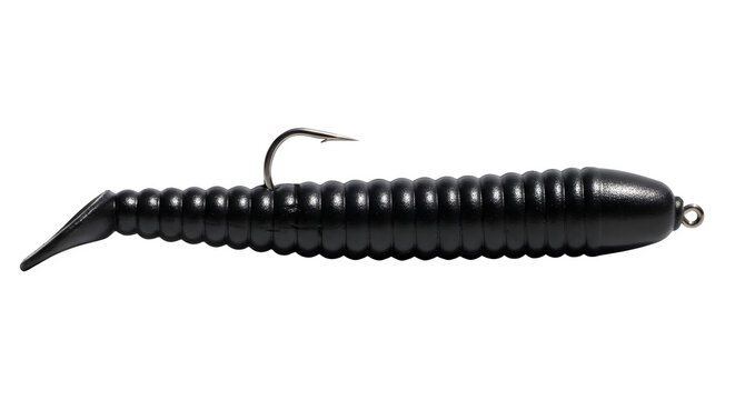 Black ribbed soft plastic fishing lure with a single hook isolated on a clean transparent background for outdoor angling gear catalog