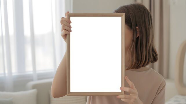 Woman holding blank wooden picture frame mockup covering face