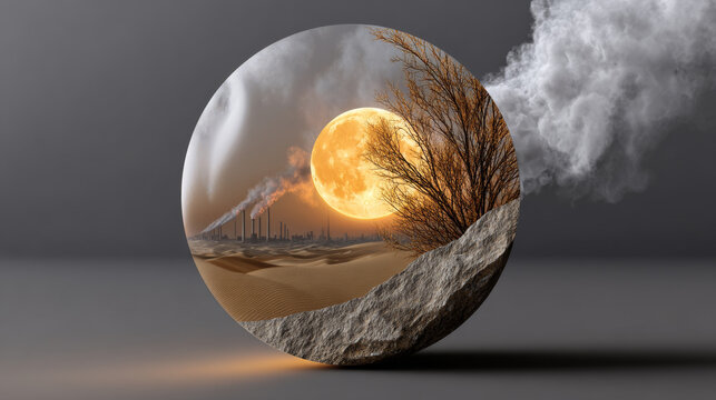 Captivating digital rendering showcases glowing sun illuminating desert landscape contained within mystical sphere. fantasy art piece evokes surreal, cosmic wonder, inviting imagination