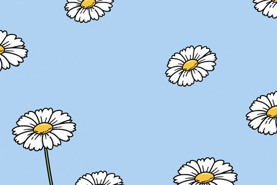 Seamless pattern of white daisies with yellow centers on a light blue background