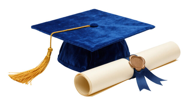 Blue velvet graduation cap with golden tassel and sealed diploma scroll, isolated on transparent background