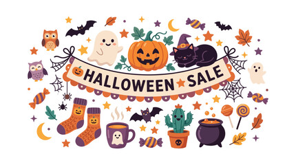 Fototapeta premium Halloween sale banner with festive spooky decorations.