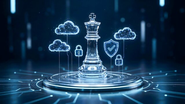 Cybersecurity strategy concept with digital chess king and cloud network protection