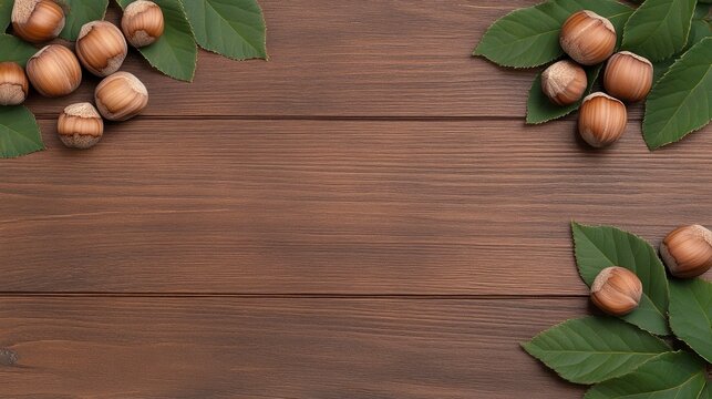 Rustic wooden background featuring hazelnuts with green leaves, perfect for culinary creations and design presentations