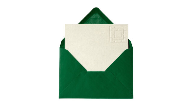 Open emerald green envelope with cream textured card, isolated on transparent background