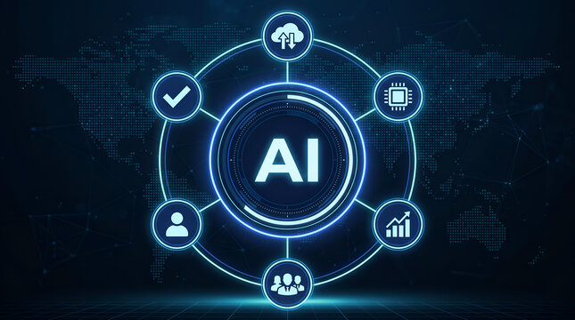 Business human resources and fintech AI solution ecosystem with integrated multi-functional data icons