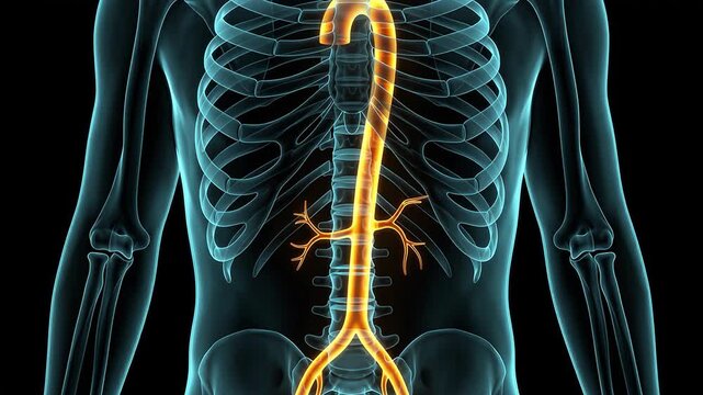 3D medical animation illustrating the human aorta and arterial blood vessels glowing within a transparent torso showing the ribcage and spine on a dark background