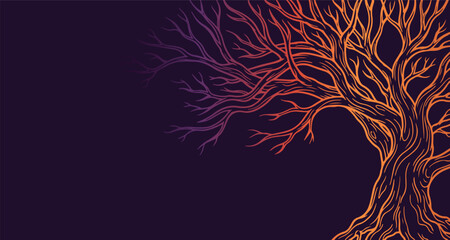 Fototapeta premium neon orange and pink fine tree branch corner frame line art, glowing delicate botanical illustration, dark background branching graphic, luminous slender branch pattern, glowing minimalist nature elem