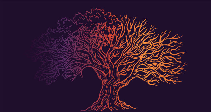 neon orange and purple wide tree branches line art, glowing mythical tree illustration, dark background sweeping branch graphic, luminous atmospheric pattern, glowing fantasy nature element, dark aest