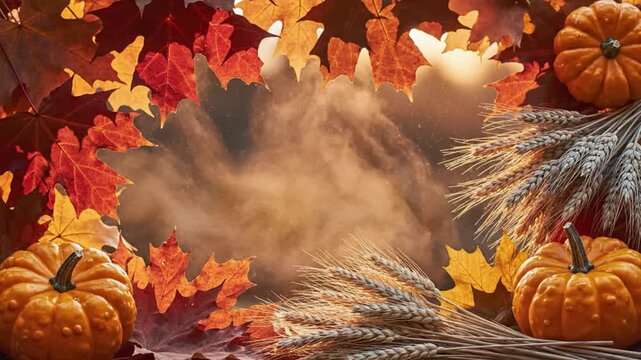 Autumn Thanksgiving Border Frame Animation with Leaves Pumpkins and Wheat Grain Background
